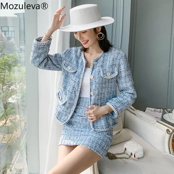 

Mozuleva Autumn Winter Runway Suit Set Women's Elegant Long Sleeve Weave Tweed Woolen Jacket Coat + Mini Skirt Set Blue 2PCS Set