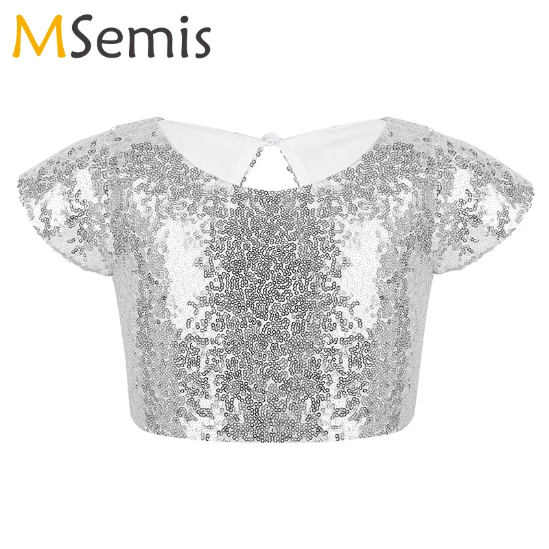 Girls Sequins Ballet Crop Top for Dance Costumes Cap Sleeves Sparkly Keyhole Back Stage Performance Birthday Party Daily Wear |