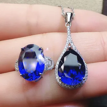 

Classical blue crystal sapphire gemstones diamond pendant necklaces for women white gold silver color bijoux party jewelry gifts