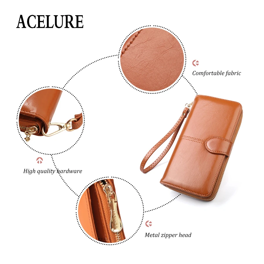 ACELURE Solid Color Women Long Wallets Simple Style Zipper& Hasp Purse With Card Holder Oil Wax Pu Leather Ladies Daily Wallet