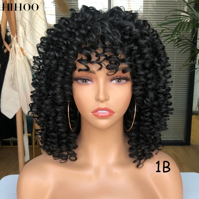 Afro Kinky Curly Wig With Bangs Short Synthetic Wigs For Black Women Omber Brown Blonde Glueless Cosplay Hair High Temperature 1B