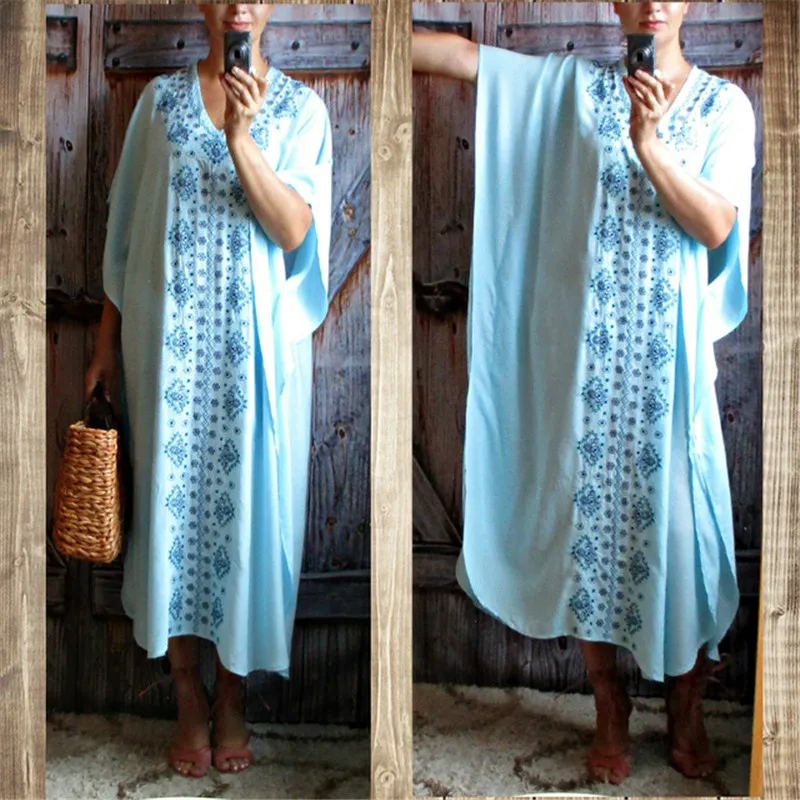 Женская одежда размера плюс, лето, накидка с рукавом, v-образный вырез, симметричное, с вышивкой, свободное макси платье, больше размера, d Kaftan платье N576