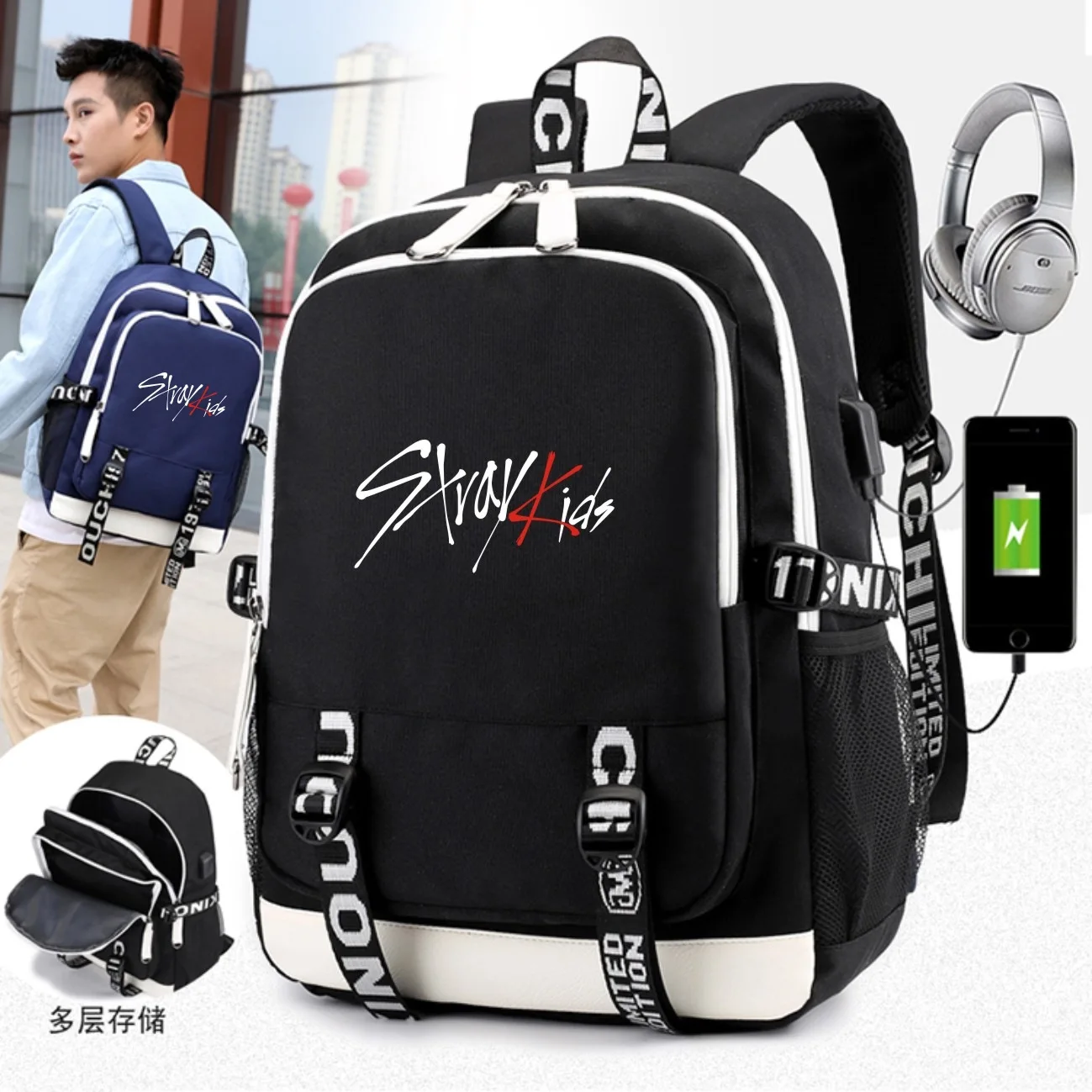 Модный Kpop рюкзак высокого качества Многофункциональный USB наушники с зарядным устройством Джек рюкзак большой емкости Kpop школьный