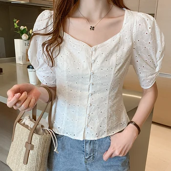 

COIGARSAM Short Sleeve Shirt Womens tops New Summer Hollow Out Women shirts White 5991