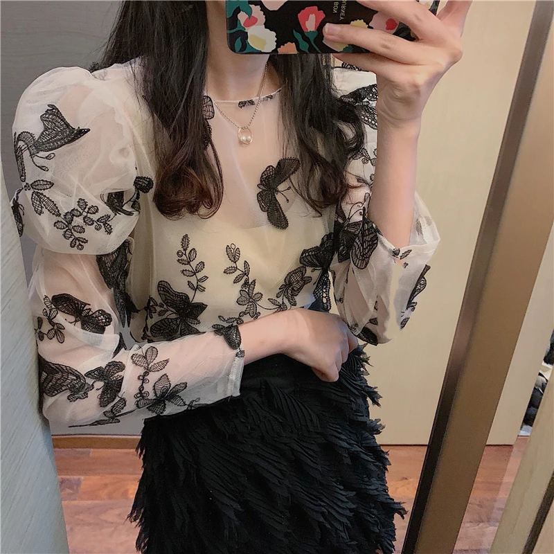 Korean Sexy Gauze Short Zipper Slim Blusas Tops Retro 3D Butterfly Embroidery Shirt Women Puff Sleeve O-neck Blouses |