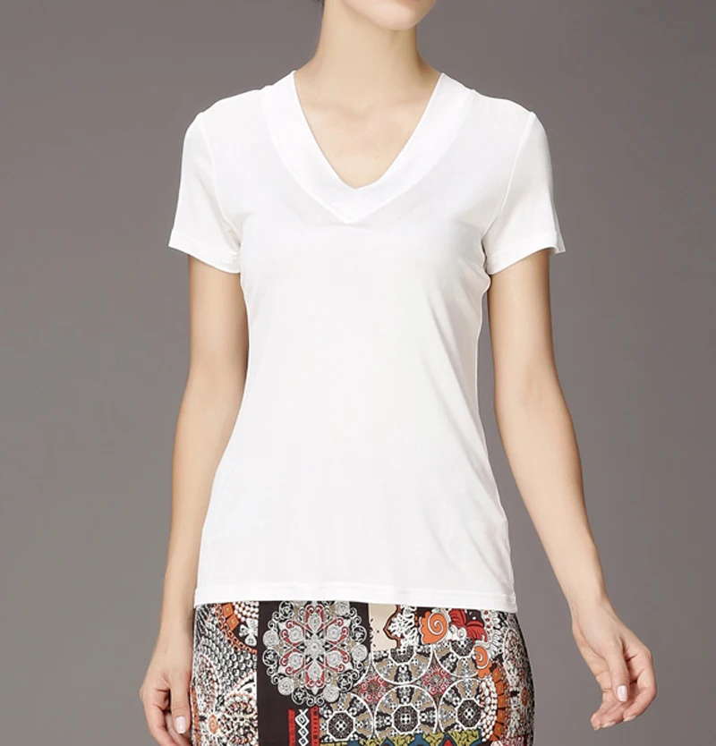 Женская футболка из чистого шелка, вязаный женский топ с v-образным вырезом и короткими рукавами, размер L XL XXL XXXL