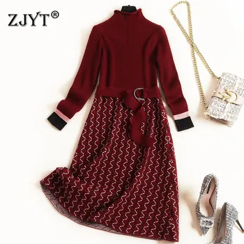 

New Fashion Fall Winter Dresses for Women 2019 Elegant Female Vestidos Long Sleeve High Neck Plaid Casual Knitted Sweater Dress