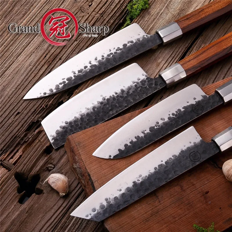 Набор кухонных ножей 4 шт. высокоэффективные поварские ножи Santoku Nakiri Kiritsuke Gyuto высокоуглеродистые Профессиональные Кухонные ножи GRANDSHARP