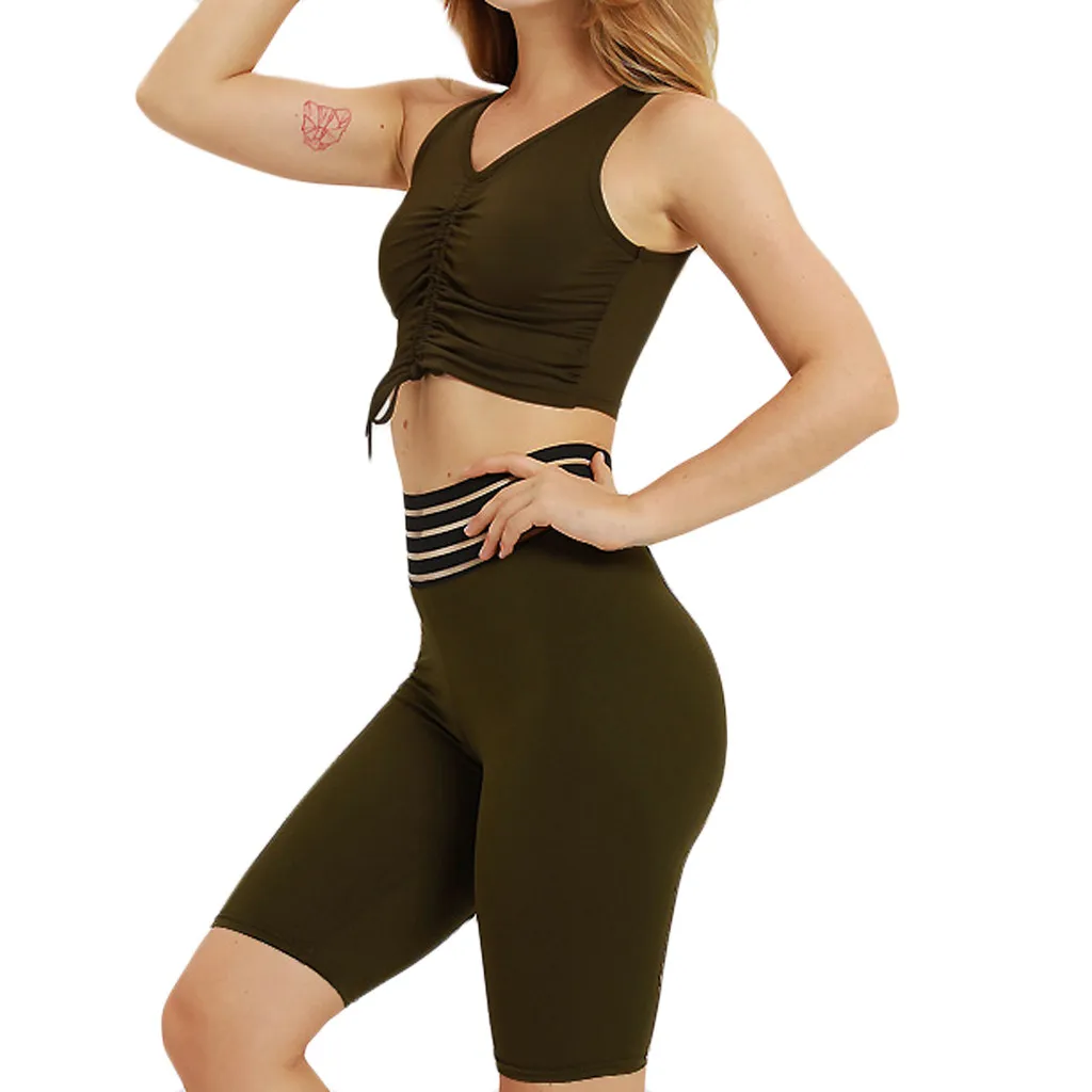ARMY GREEN Однотонная одежда кофта с вышивкой комплект одежды костюм для йоги Для женщин Бюстгальтеры Топы бактериальные инфекции и шорты тренировки Фитнес короткий женский упражнения брюки леди# LR3 - Цвет: ARMY GREEN