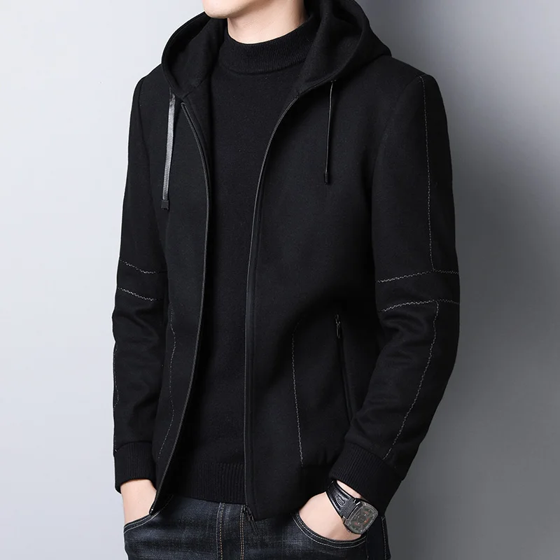 

2021 Autumn Winter New Mens Wool Coat Solid Long Sleeve Woolen Jackets Hooded Men Overcoat Streetwear Fashion Outerwear B401
