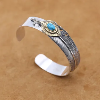 

Starfield S925 Sterling Silver Jewelry Vintage Thai Silver Takahashi Goro Feather Mosaic Turquoise Men Women Open Ended Bangle
