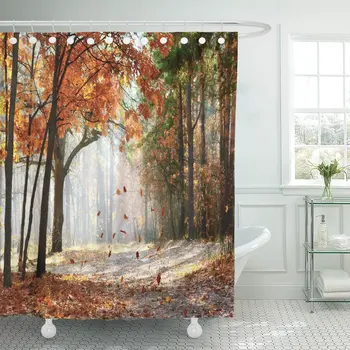 

Brown Fall Falling Oak Leaves on The Scenic Autumn Forest Illuminated by Morning Sun Red Tree Landscape Shower Curtains