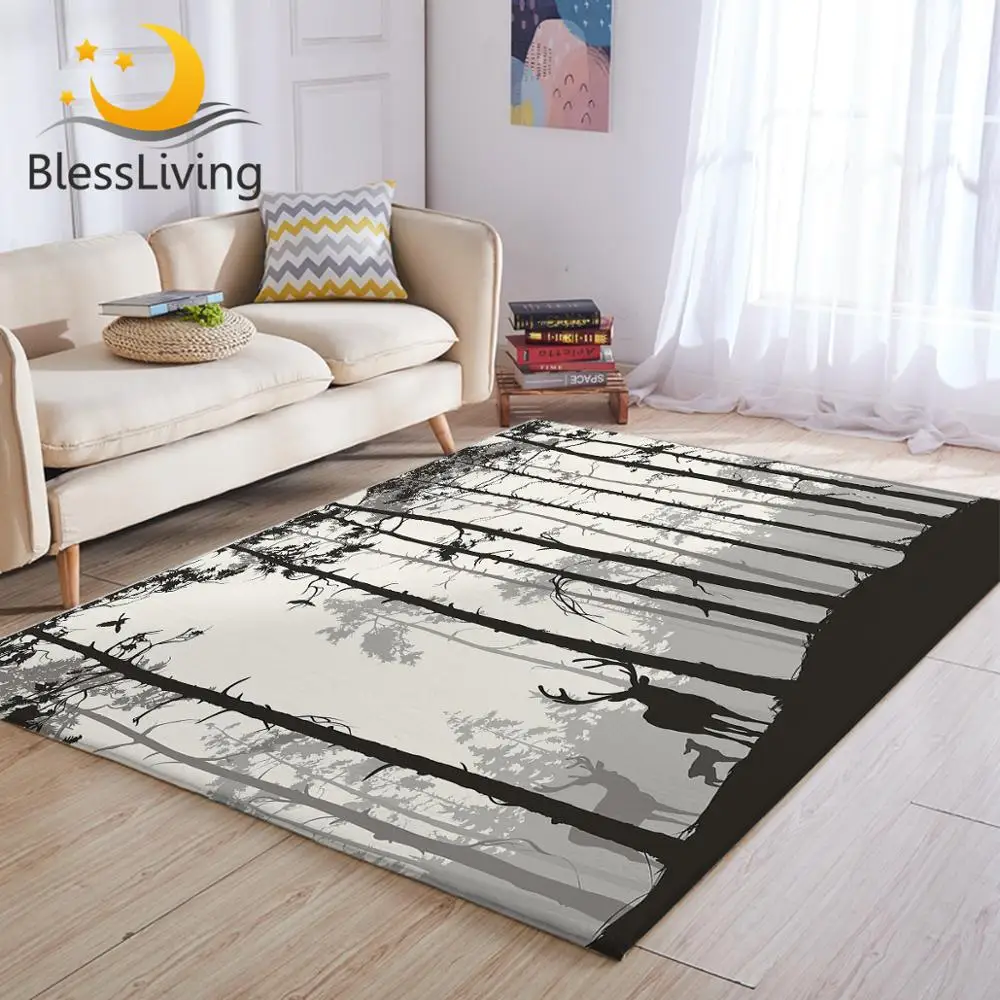 

BlessLiving Elk Area Rug For Living Room Forest Center Rug Trees Bedroom Carpet Deer Black Grey Floor Carpet 152x244cm Dropship