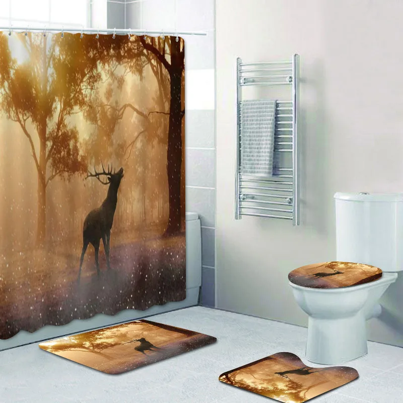 Hunting Camo Elk Moose Bear Deer Shower Curtain Set for Bathroom Wild Animals in Forest Bath Curtains Mats Rugs Camouflage Decor