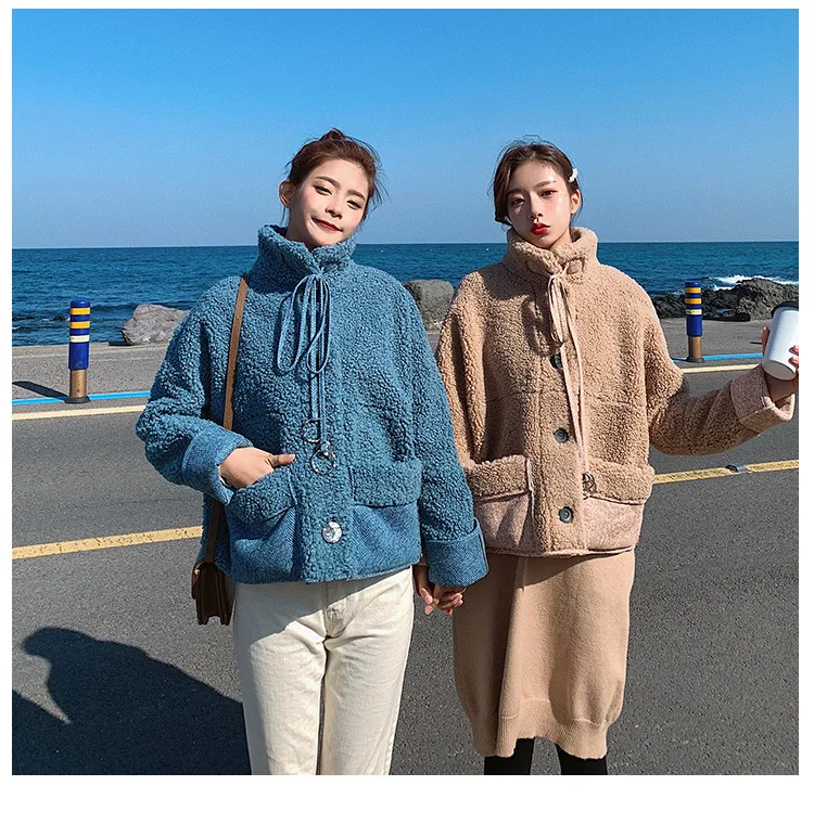 Chic Korean-style Short Loose-Fit Lambs Wool Thick Stand Collar Lace-up Best Friend-Cotton Overcoat Women's Winter Fashion