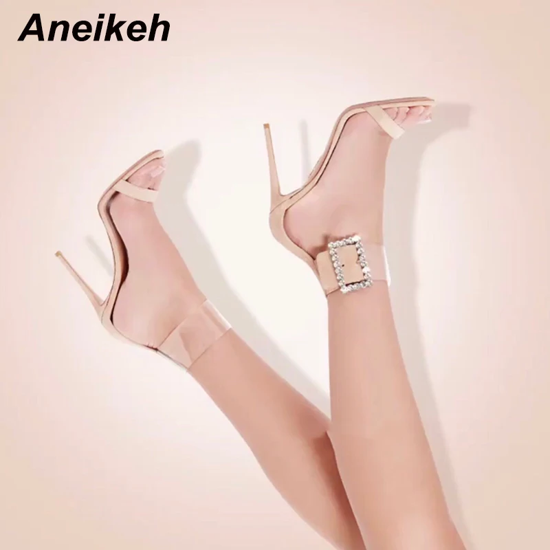 

Aneikeh Gladiator Sandals Fashion Thin High Heel Bling Diamond Buckle Pumps Summer Sexy Open Toe Party Dress Shoes Size 35-42
