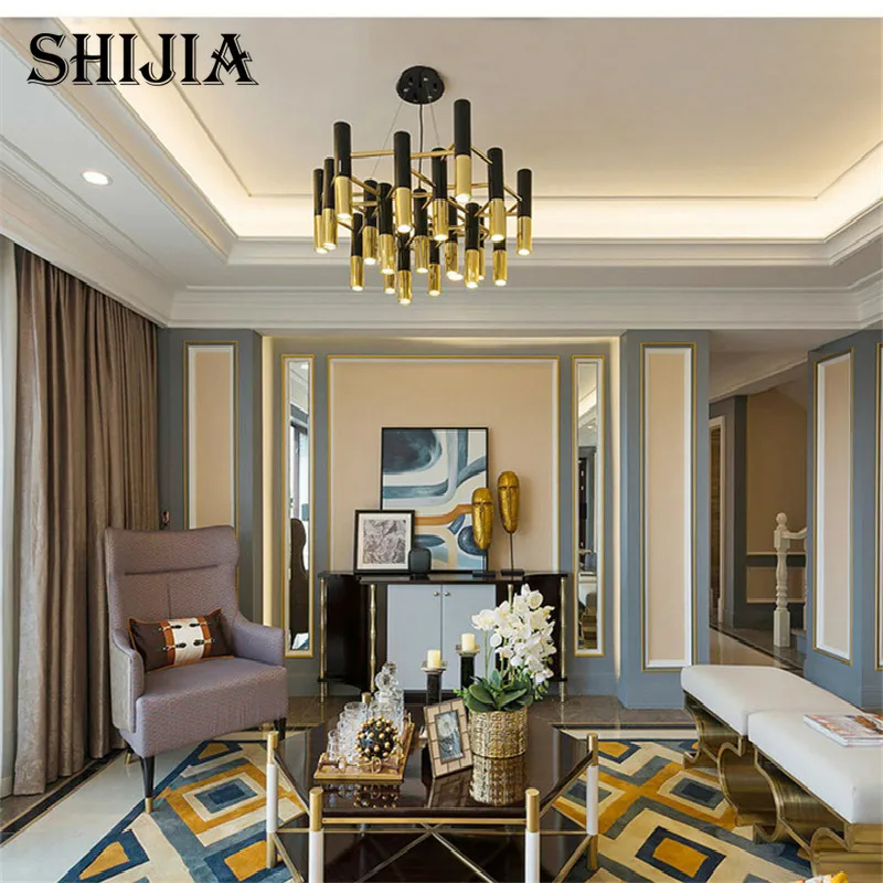 

Modern Black Gold Tubular Bedroom Kitchen LED Metal Chandelier