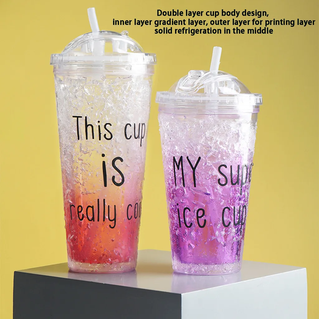 Охлаждающая двойная пластиковая меняющая цвет слайдер сломанная чашка для льда Студенческая наружная Спортивная бутылка милый узор походный чайник