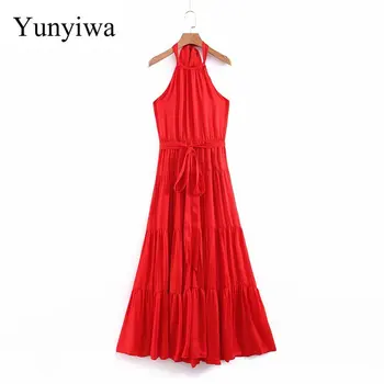 

2020 Women Fashion Solid Color Pleats Hang on Neck Red Long Dress Ladies Backless Big Swing Sashes Vestidos Maxi Dresses