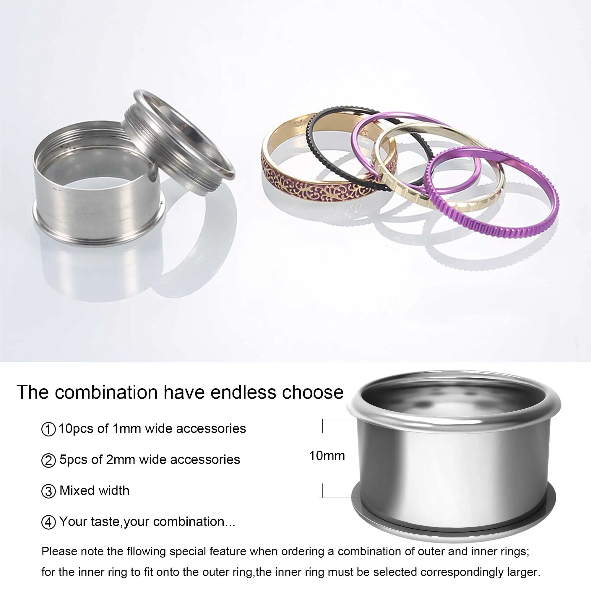 Koaem 5 Pieces Accessories Mix Aluminum and Copper Rings Women's Stackable Interchangeable Stainless Steel Inner Fill Base Ring