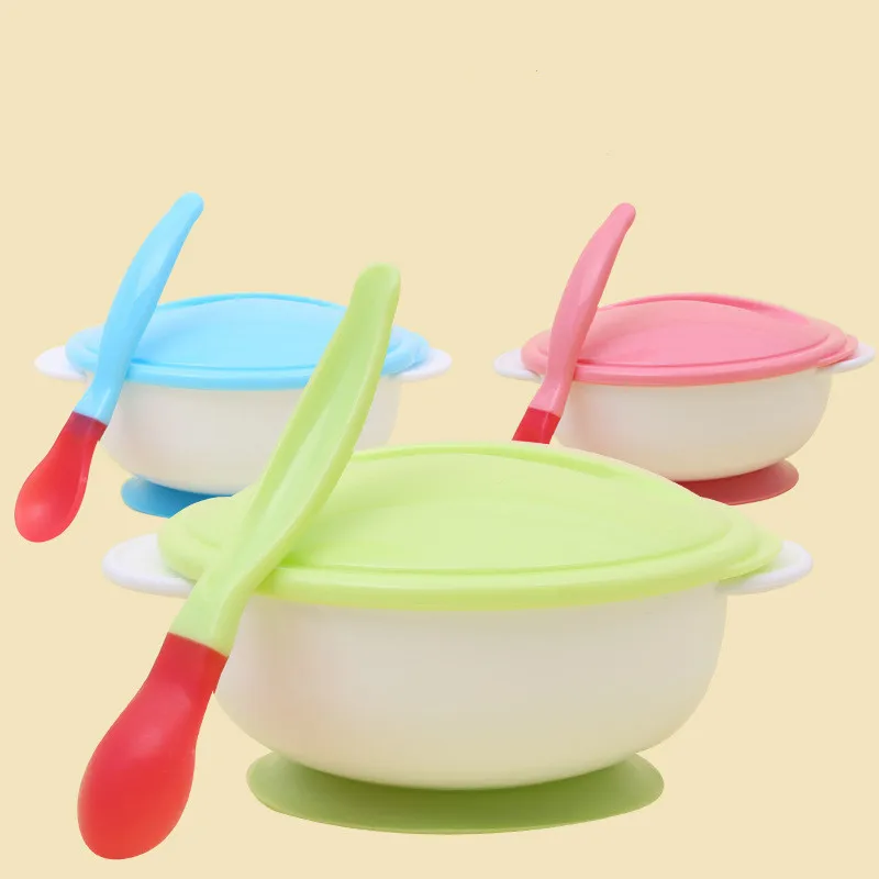 

3Pcs/set Baby Tableware Dinnerware Baby Dinner Feeding Bowls Dishes Suction Train Bowl with Temperature Sensing Spoon Baby Food