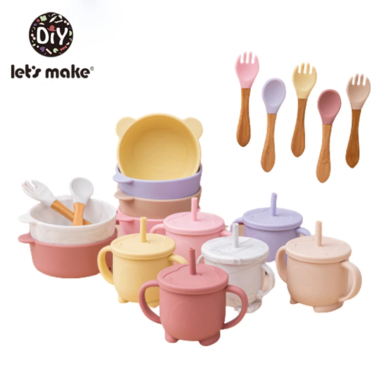 

Solid Colour Kids Tableware Set Portable Baby Silicone Plate Bowl cup Toddler Feeding Sucker Infant Dishs With Silica Gel Spoon