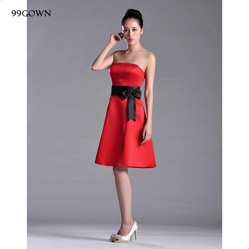 99GOWN красное атласное женское свадебное платье без бретелек с поясом мини платье подружки невесты свадебное платье для гостей