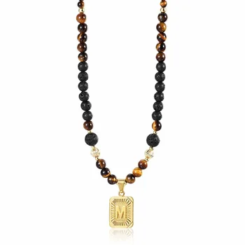 

Lava Beads Mixed Tiger Eye Stone Choker Necklace For Men Women Gold Color Initial Letter Pendant Charm Fashion Necklace DN163