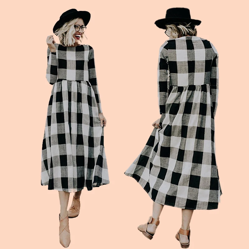 Skup Kobiety sukienka w kratę O szyi szlafrok z długim rękawem Femme Vestidos wysokiej talii Sukienki elegancka linia długa sukienka jesień odzież damska