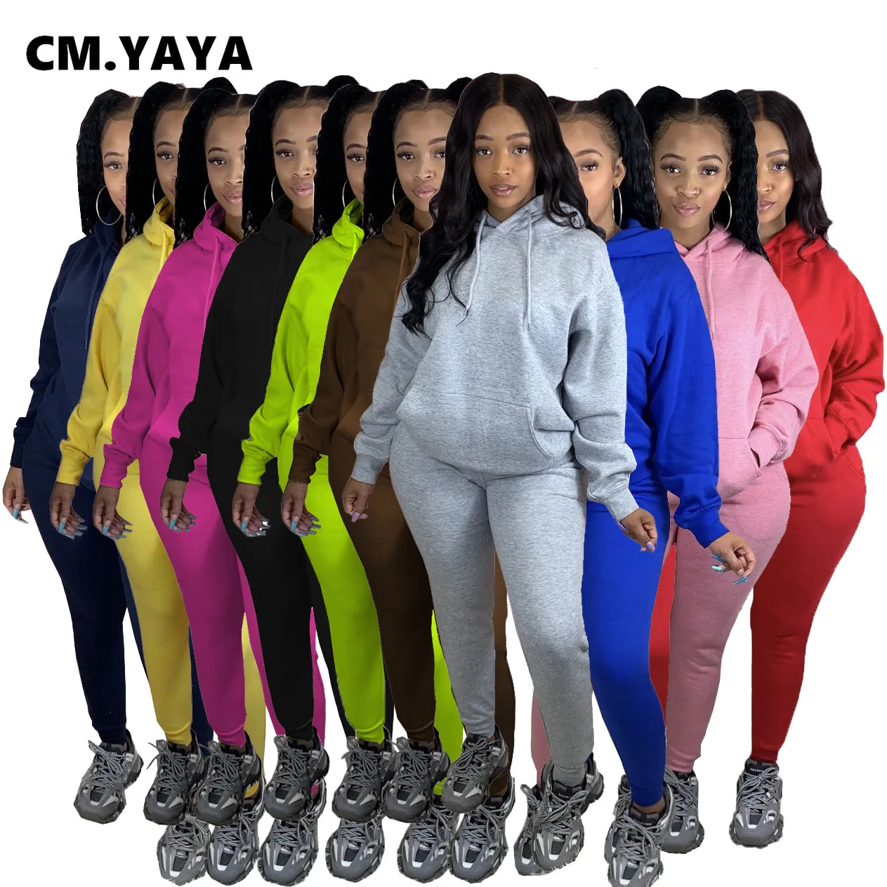 Gran oferta CM YAYA activo sudadera dos 2 piezas para las mujeres invierno Fitness traje sudaderas con capucha polares + Jogger pantalones de chándal pBQKMGZkg9w