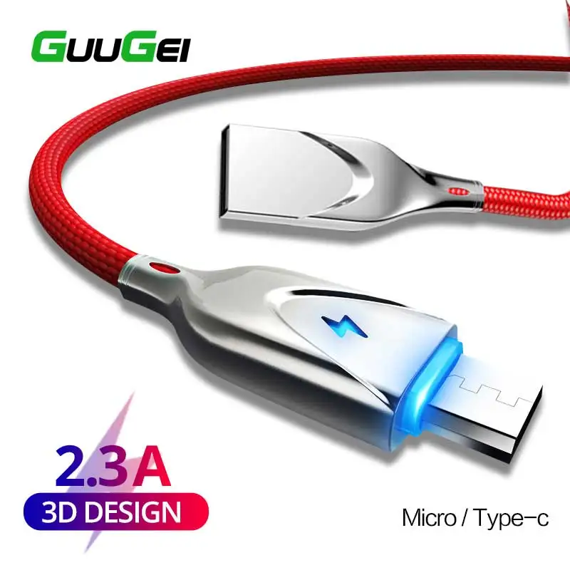 GUUGEI Micro usb type-C кабель 2.3A зарядное устройство шнур для samsung S8 S10 S9 Быстрая зарядка C-type светодиодный светильник кабель для мобильного телефона