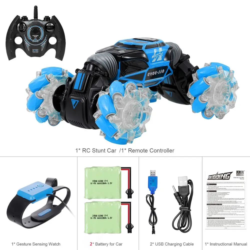 4WD RC трюк автомобиль часы Датчик жестов управление деформируемый электрический RC Дрифт автомобиль трансформатор автомобиль игрушки для ребенка подарок с светодиодный светильник - Цвет: Blue 2battery