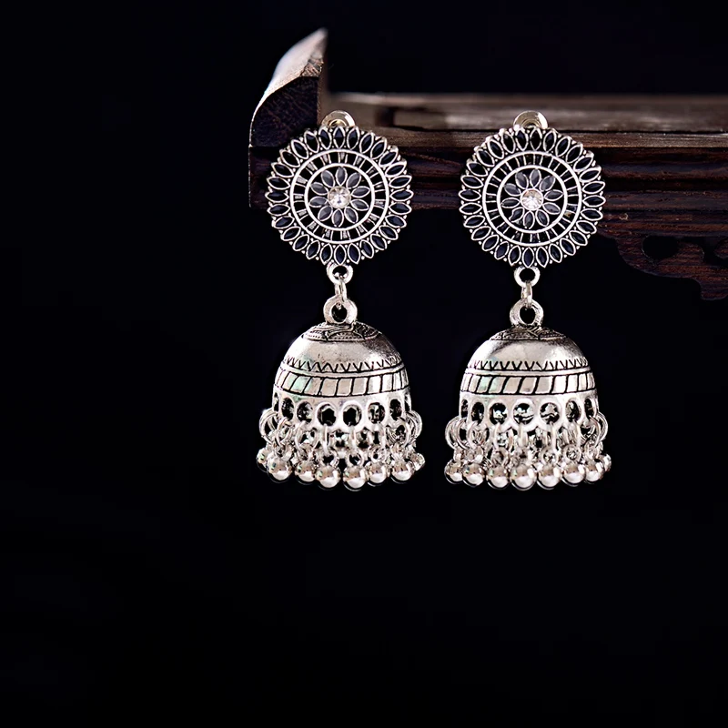 Этнические полые серьги в виде цветка, турецкие серьги Jhumka для женщин, винтажные индийские ювелирные изделия, серебряные висячие серьги-колокольчики с кисточкой