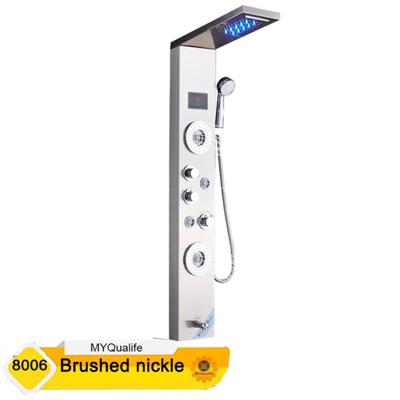 8006 Brushed Nickel Светодиодный светильник из нержавеющей стали, душевая панель, кран, настенный спа массажная система, душевая колонка, Цифровой температурный экран - Цвет: 8006 Brushed Nickel