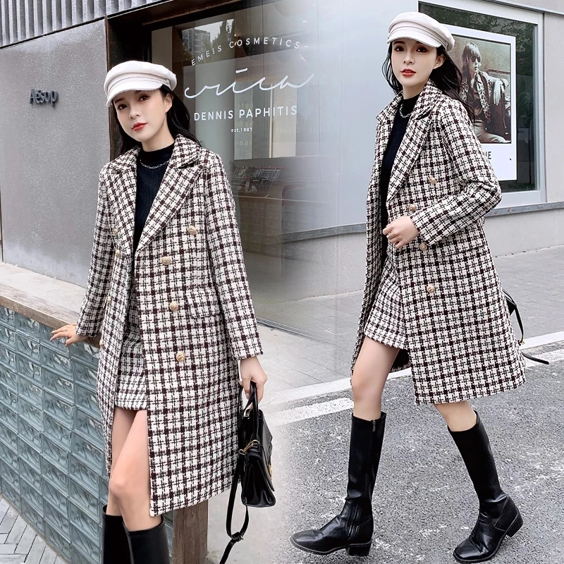 

New Fashion Houndstooth Tweed 2 Piece Set Double Breasted Long Coat+A-Line Skirt Suit Autumn Winter Women Thicken Warm Outfits