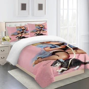 

Duvet Cover Sets Pink Sexy Girl and Cat Bedding Home Fashion Designer Comforter Custom Luxury Full Size Pillowcases Modern Print