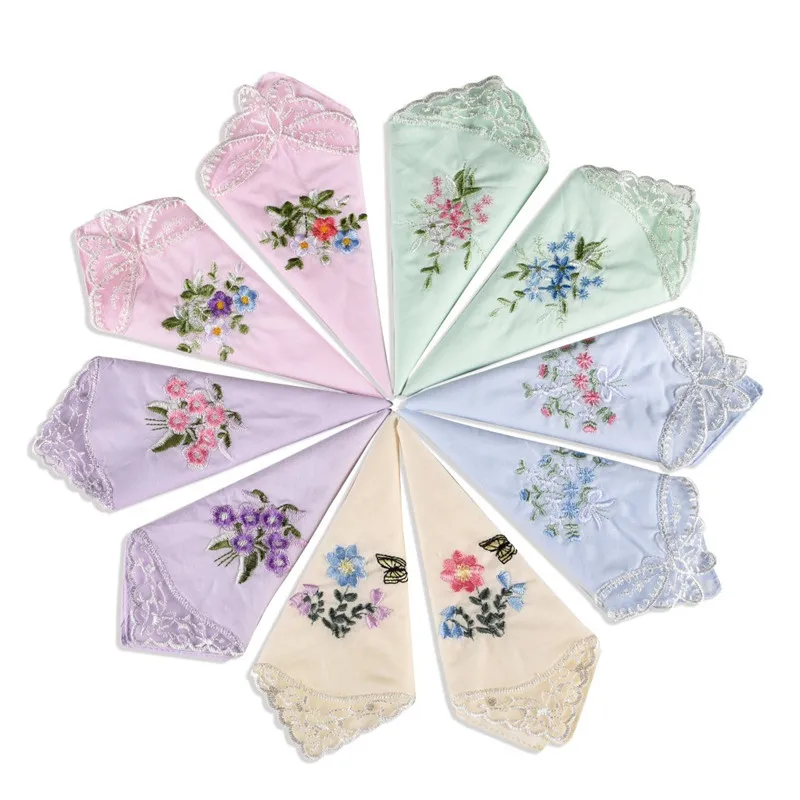Description Picture 2 of item3Pcs 28x28cm Cotton Flower Embroidered Lace Hankie Towel Lady Handkerchiefs Women Washable Pocket Random Color