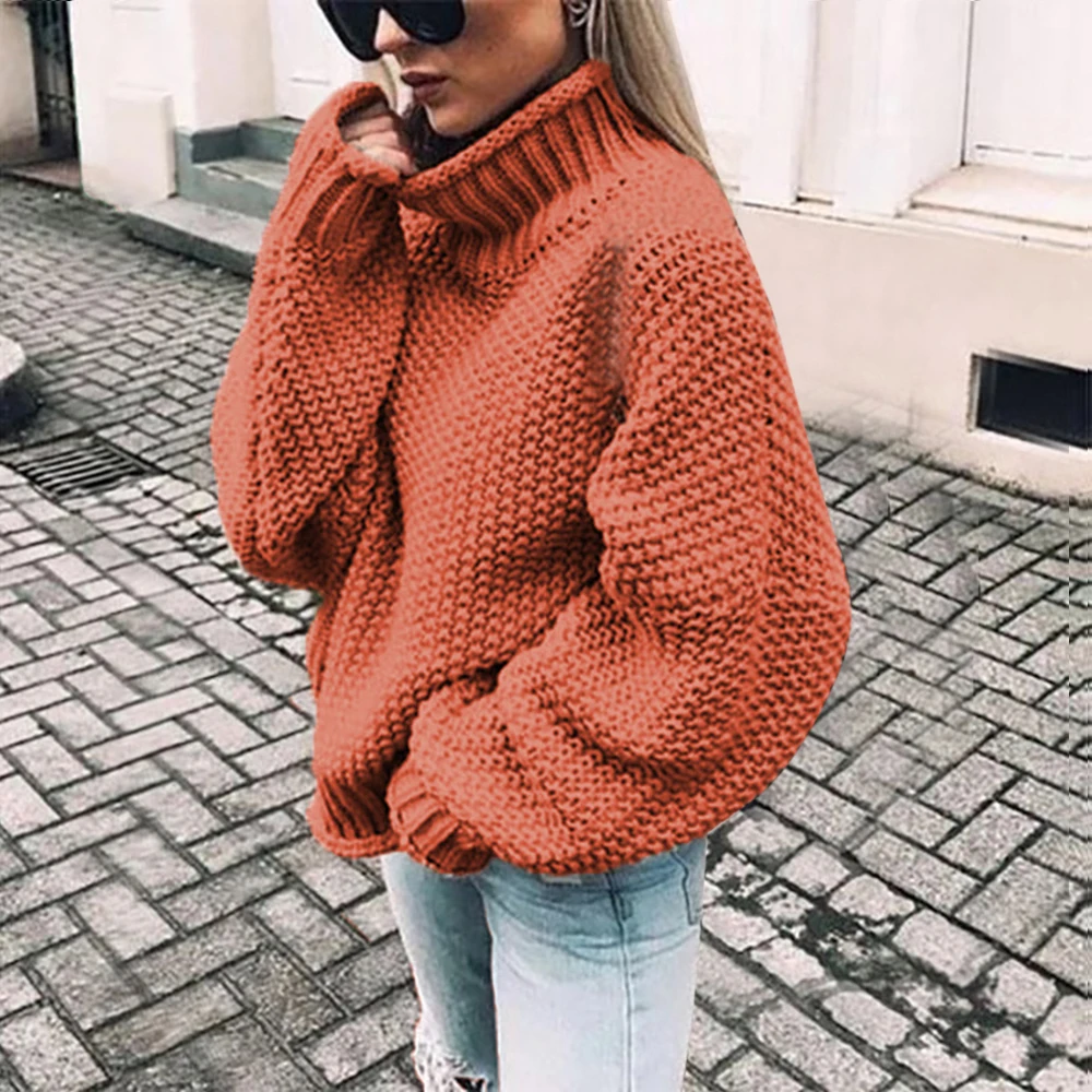 Puimentiua вязаный свитер с высоким воротом для женщин, зимняя теплая вязаная одежда, повседневный тонкий однотонный топ, зеленый, оранжевый, белый свитер размера плюс