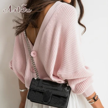 

ArtSu Ladies Pink Knitted Sweater Women White Sexy Backless Oversize Black Sweaters Jumpers Tops Winter Streetwear ASSW20267