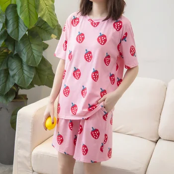 

Women Summer Pajamas Set Strawberry Print Sleepwear Cotton Plus Size Casual Japanese Korean Pyjama Outerwear Loose Homewear S571