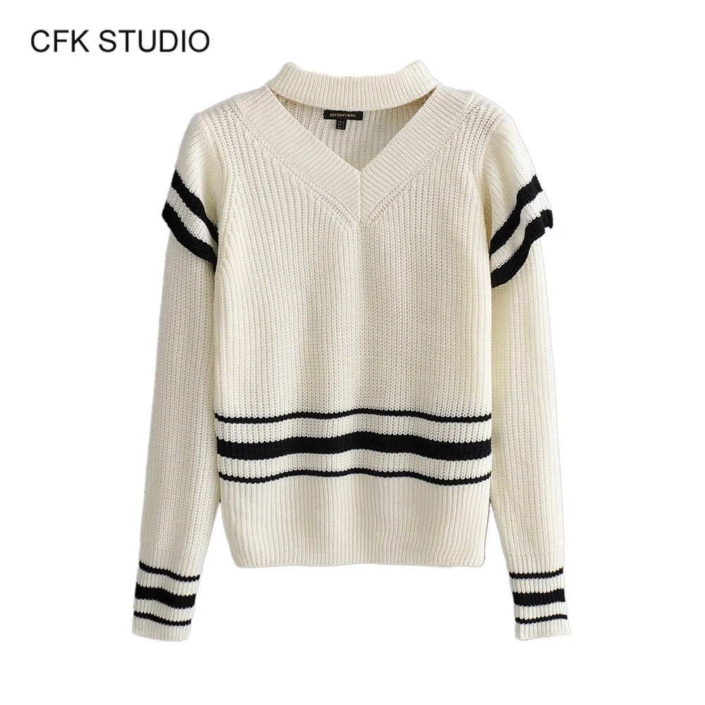 

Knitted Sweater Women Jumper Winter 2019 New Fashion v-neck black white striped Casual Thin Pullover Fashion korean knit top