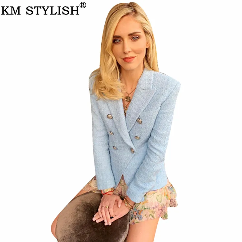 

Female Woolen Blazer Mujer 2019 New Plus Size Women's Jacket Metal Lion's Head Buckle Double-breasted Woolen Tweed Slim Suit