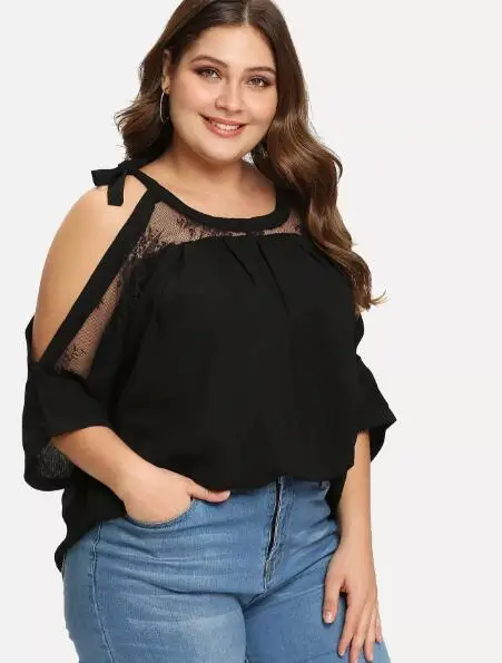 New Products Large Size Dress Bat Lace Joint Bow Solid Color Off-shoulder Tops 5016