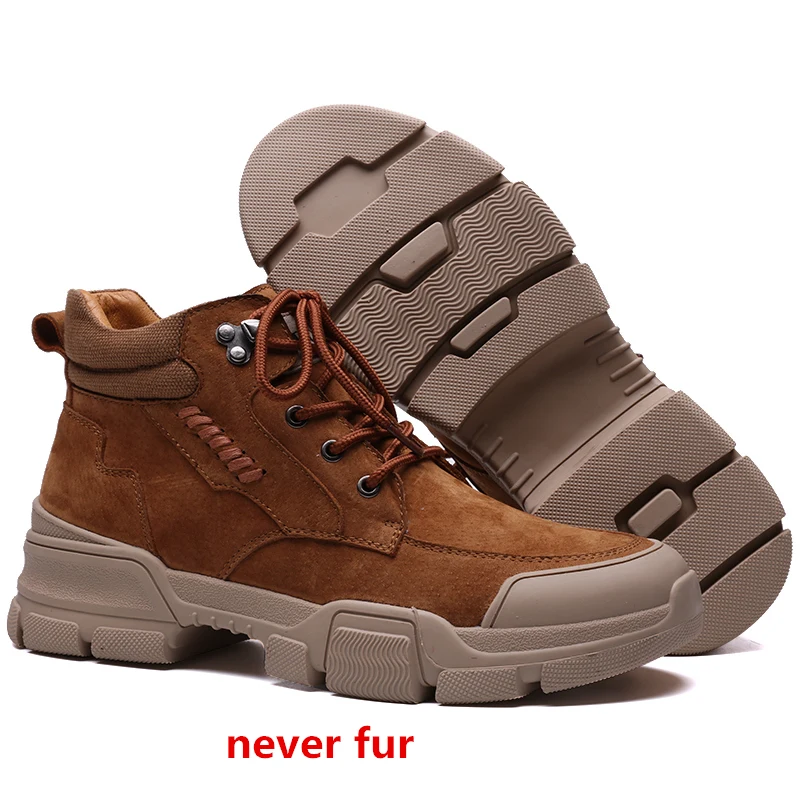 dark brown 1 Men Martin Boots plush Winter Genuine Leather winter boots men Rubber mens shoes lace up fashion with fur warm snow boots men s5 - Цвет: dark brown 1