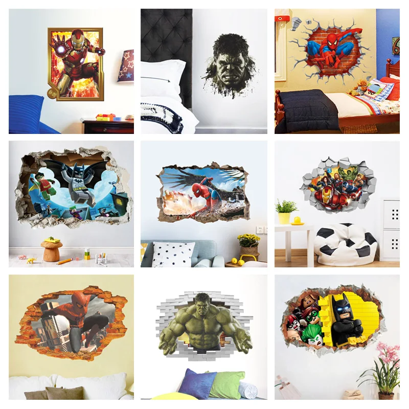 Super Heros 3D Broken Hole Wall Stickers For Kids Room Home Decor Spiderman Batman Ironman Hulk Avengers Mural Art Boys Decals Super Heros 3D Broken Hole Wall Stickers For Kids Room Home Decor Spiderman Batman Ironman Hulk Avengers Mural Art Boys Decals
