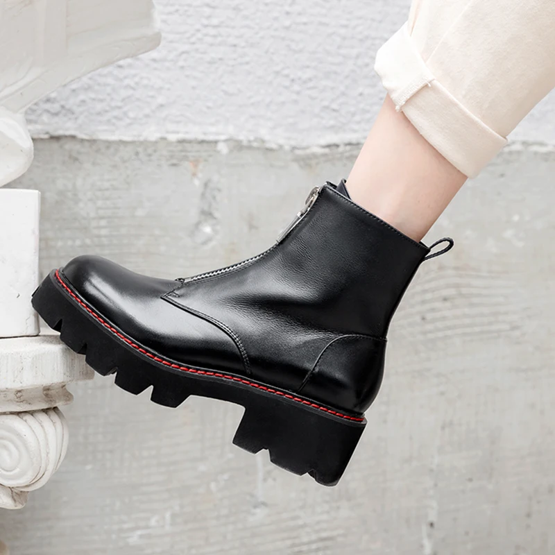 Женские ботинки; ботинки из натуральной кожи; черные ботинки Martens; женские ботильоны; мотоботы; зимняя обувь на платформе и толстом каблуке