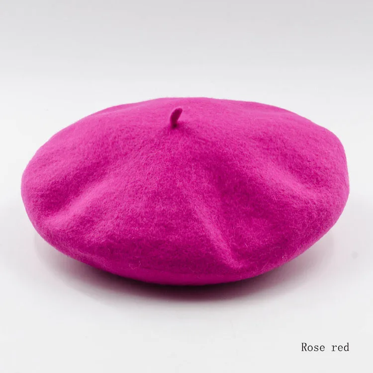Rose red Fashion Autumn Winter Wool Beret Women Ladies Warm Winter Hats Women Solid Color Painter Hat French Bonnet Beanie Ski Cap - Цвет: Rose red