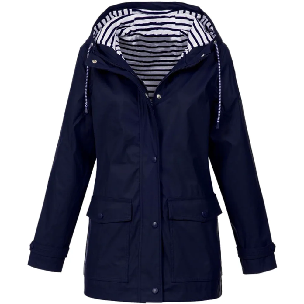 Однотонная непромокаемая куртка размера плюс, Женское пальто, водонепроницаемый плащ с капюшоном, женская верхняя одежда, ветрозащитная, с карманами, на завязках, облегающие пальто