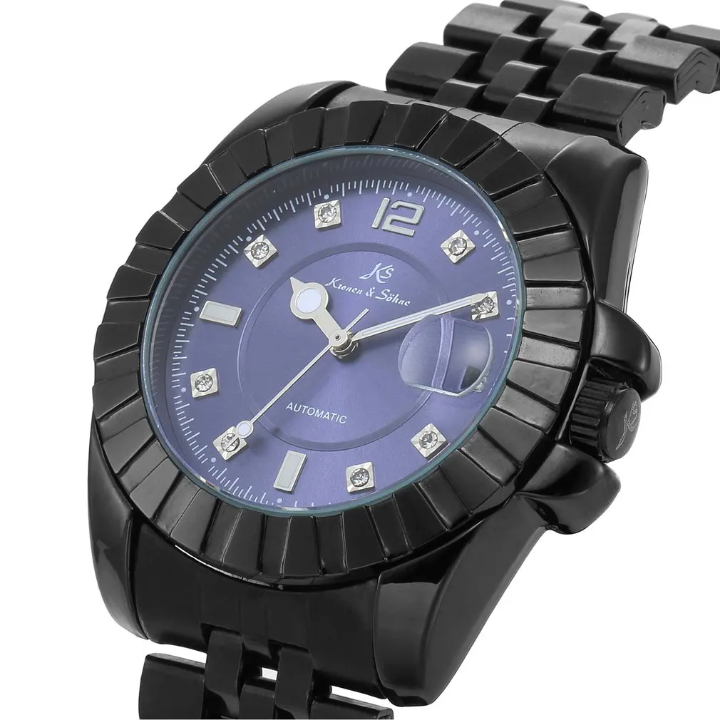 Blue KS316 Бренд KS, императорские стразы, черный аналог, сталь, серебряный браслет, Мужские механические Автоматические наручные часы/KS315 - Цвет: Blue KS316