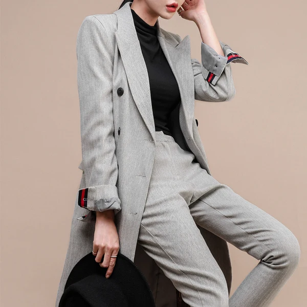 Для женщин 2 шт Бизнес костюм с блейзером комплект Slim Fit профессиональный женский с длинным рукавом брючные костюмы, модная, для девушек, для офиса, Повседневная обувь